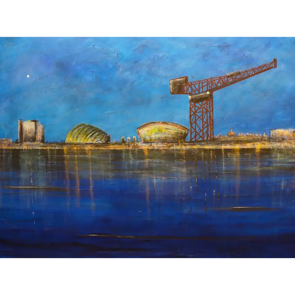 Cityscape painting with crane from Glasgow Harbour Moonlight art print showcasing harbour moonlight art