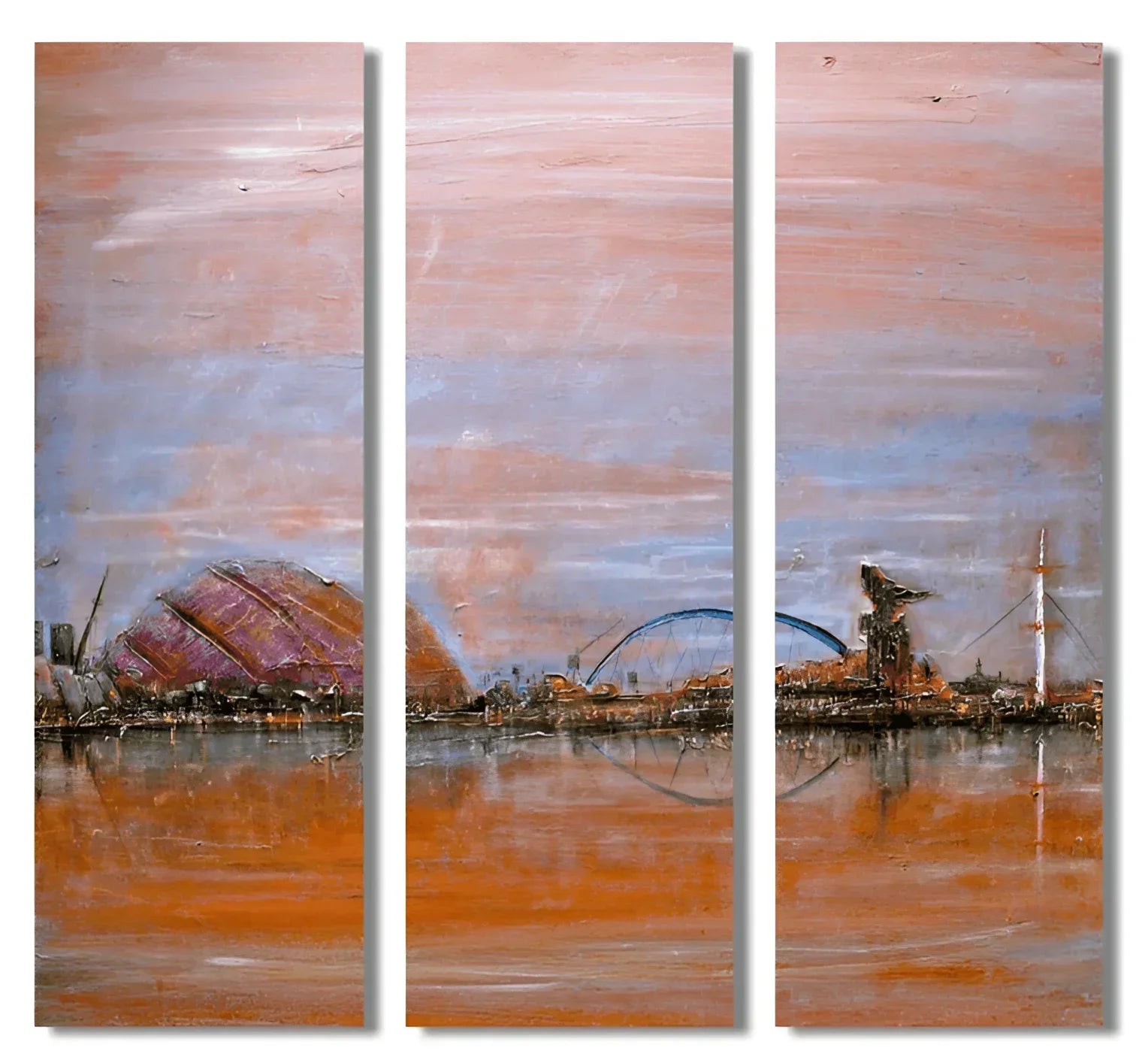 Glasgow Harbour Triptych | Statement Interior Wall Art from Scotland - Edinburgh & Gallery Worldwide Shipping Triptych Cityscape Painting