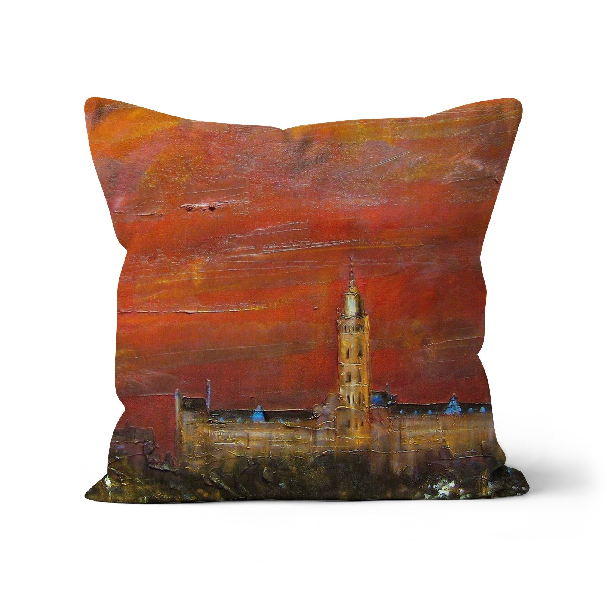 Glasgow University Dusk Art Gifts Cushion | Edinburgh &amp; Glasgow Art Gallery | Paintings, Prints, Homeware and Art Gifts From Scotland By Scottish Artist Kevin Hunter