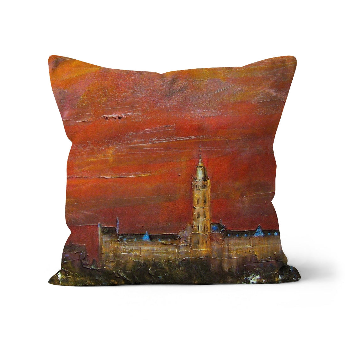 Glasgow University Dusk Art Gifts Cushion | Edinburgh &amp; Glasgow Art Gallery | Paintings, Prints, Homeware and Art Gifts From Scotland By Scottish Artist Kevin Hunter