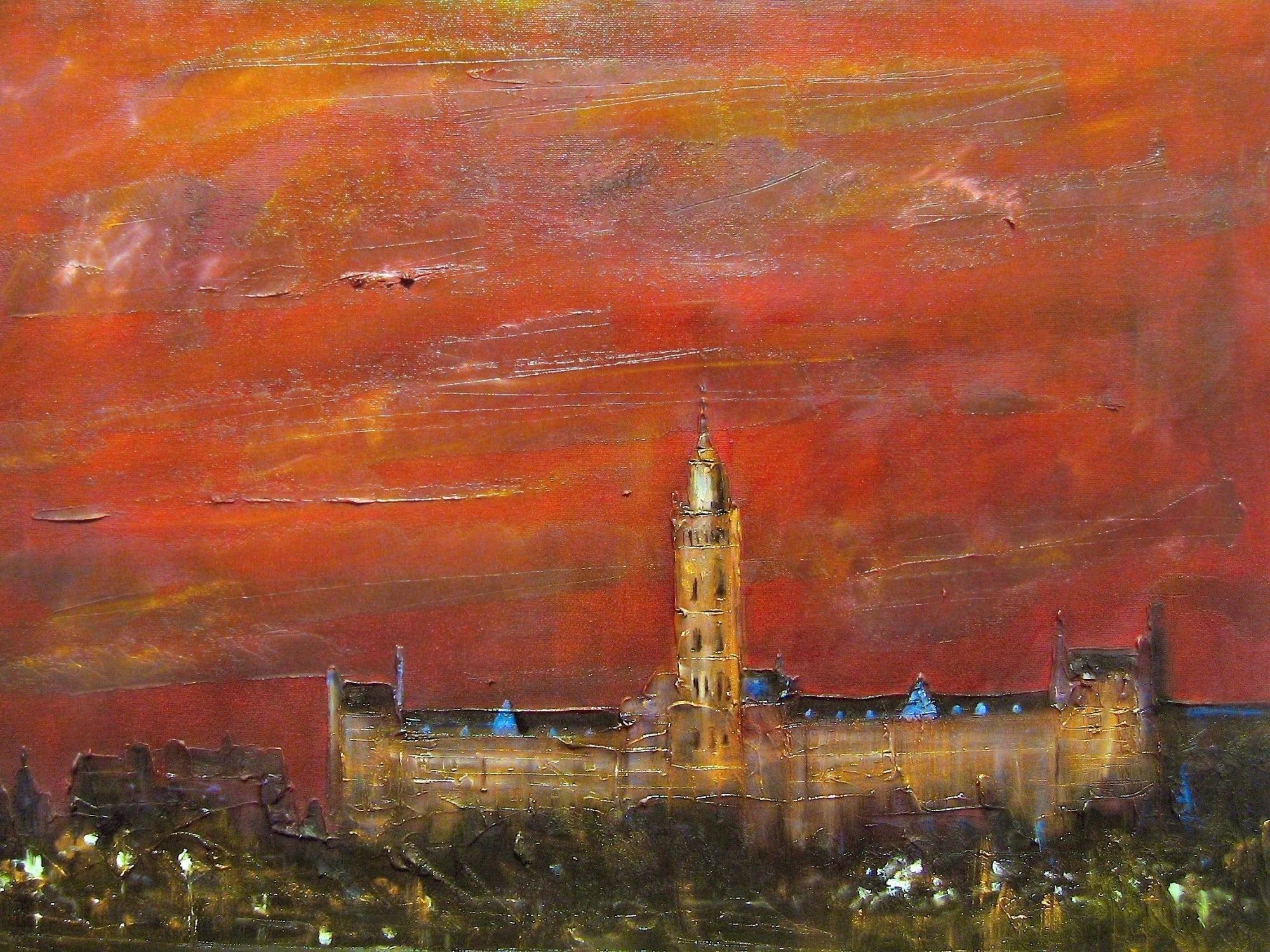 Glasgow University Dusk - Edinburgh & Art Gallery Scotland Worldwide Shipping Impressionistic Tower Red Kevin Hunter Portfolio Giclee Prints