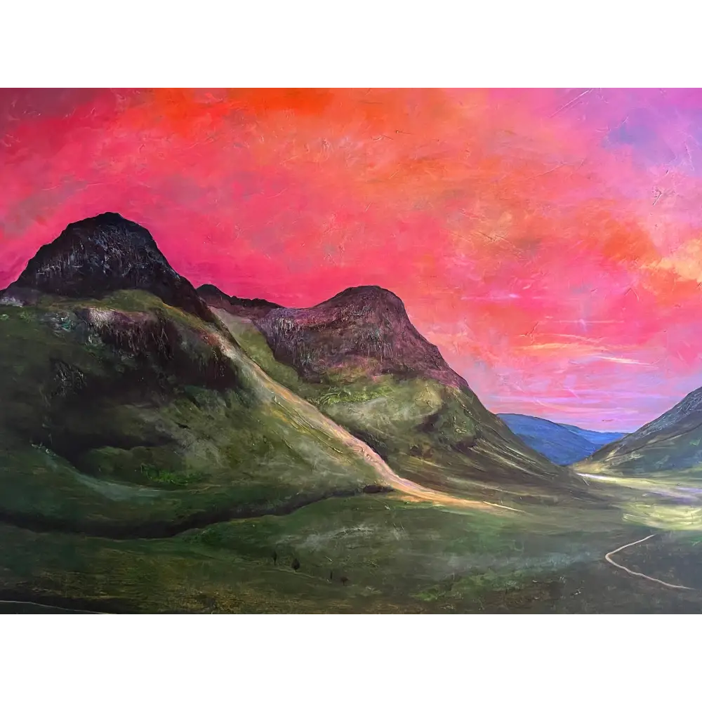 Vibrant mountain landscape painting of Glencoe Dusk, stunning Scottish dusk art prints