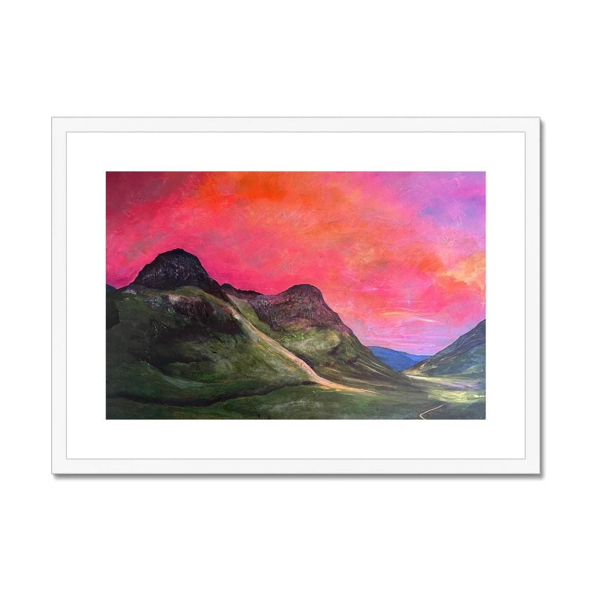 Glencoe Dusk Painting | Framed & Mounted Prints From Scotland-Framed & Mounted Prints-Glencoe Art Gallery-A2 Landscape-White Frame-Paintings, Prints, Homeware, Art Gifts From Scotland By Scottish Artist Kevin Hunter