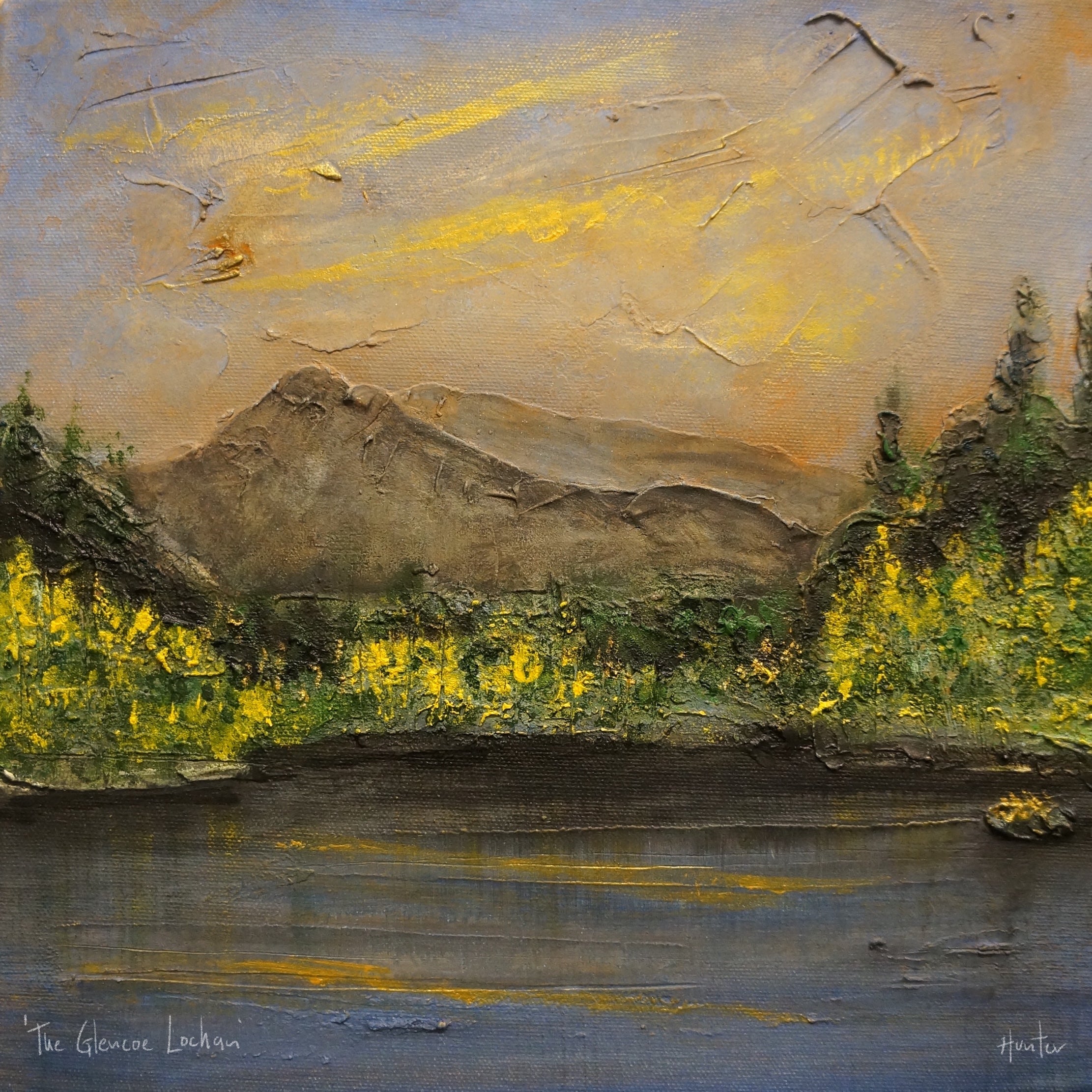 Glencoe Lochan Dusk | Scotland In Your Pocket Art Print-Scotland In Your Pocket Framed Prints-Scottish Lochs & Mountains Art Gallery-Mounted & Cello Bag: 12.5x12.5 cm-Black Frame-Paintings, Prints, Homeware, Art Gifts From Scotland By Scottish Artist Kevin Hunter