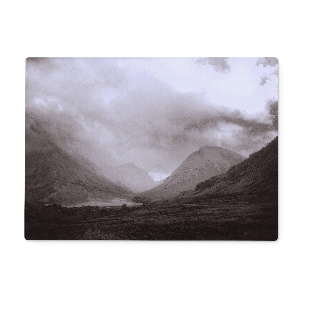 Glencoe Mist Art Gifts Glass Chopping Board | Glencoe Art Gallery | Paintings, Prints, Homeware and Art Gifts From Scotland By Scottish Artist Kevin Hunter