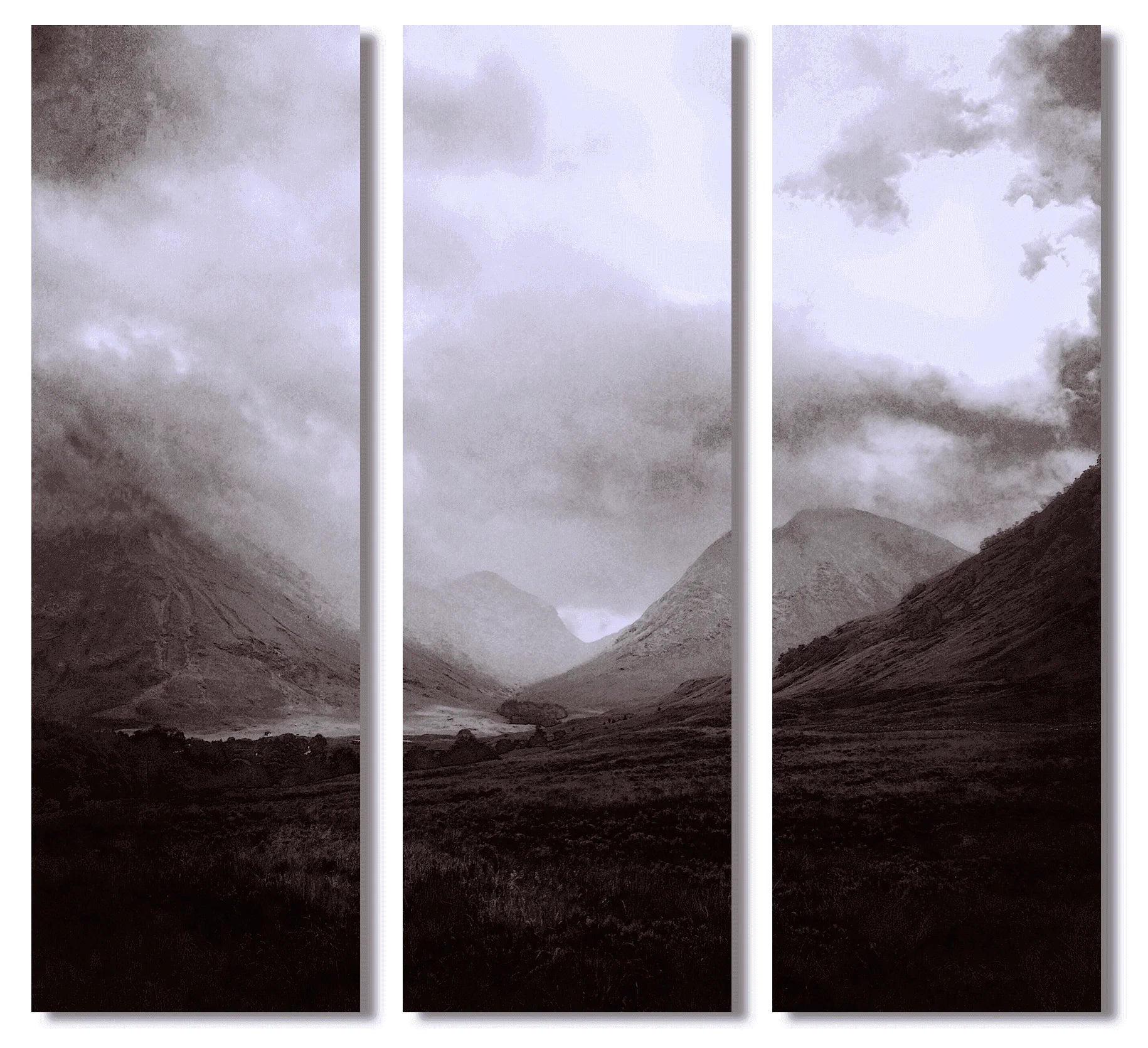 Glencoe Mist Triptych | Statement Interior Wall Art from Scotland - Gallery Worldwide Shipping Monochrome Mountain Triptych Paintings