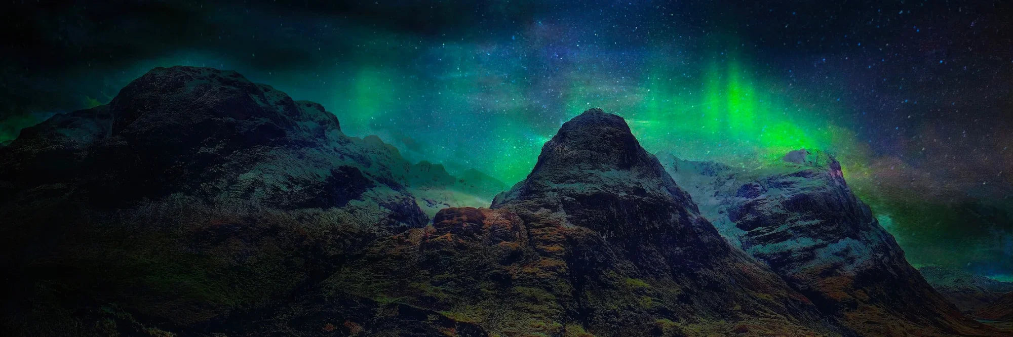 Glencoe Northern Lights Panoramic Prints - Art Gallery Scotland Worldwide Shipping Majestic Mountain Range Paintings and by Artist Hunter