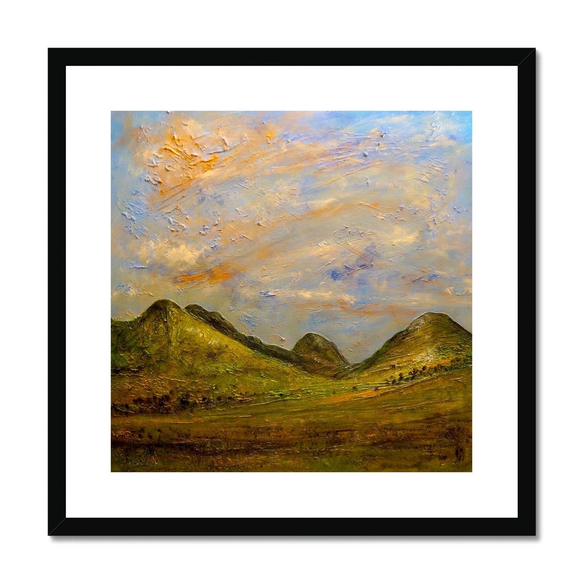 Glencoe Summer Painting | Framed & Mounted Prints From Scotland-Framed & Mounted Prints-Glencoe Art Gallery-20"x20"-Black Frame-Paintings, Prints, Homeware, Art Gifts From Scotland By Scottish Artist Kevin Hunter