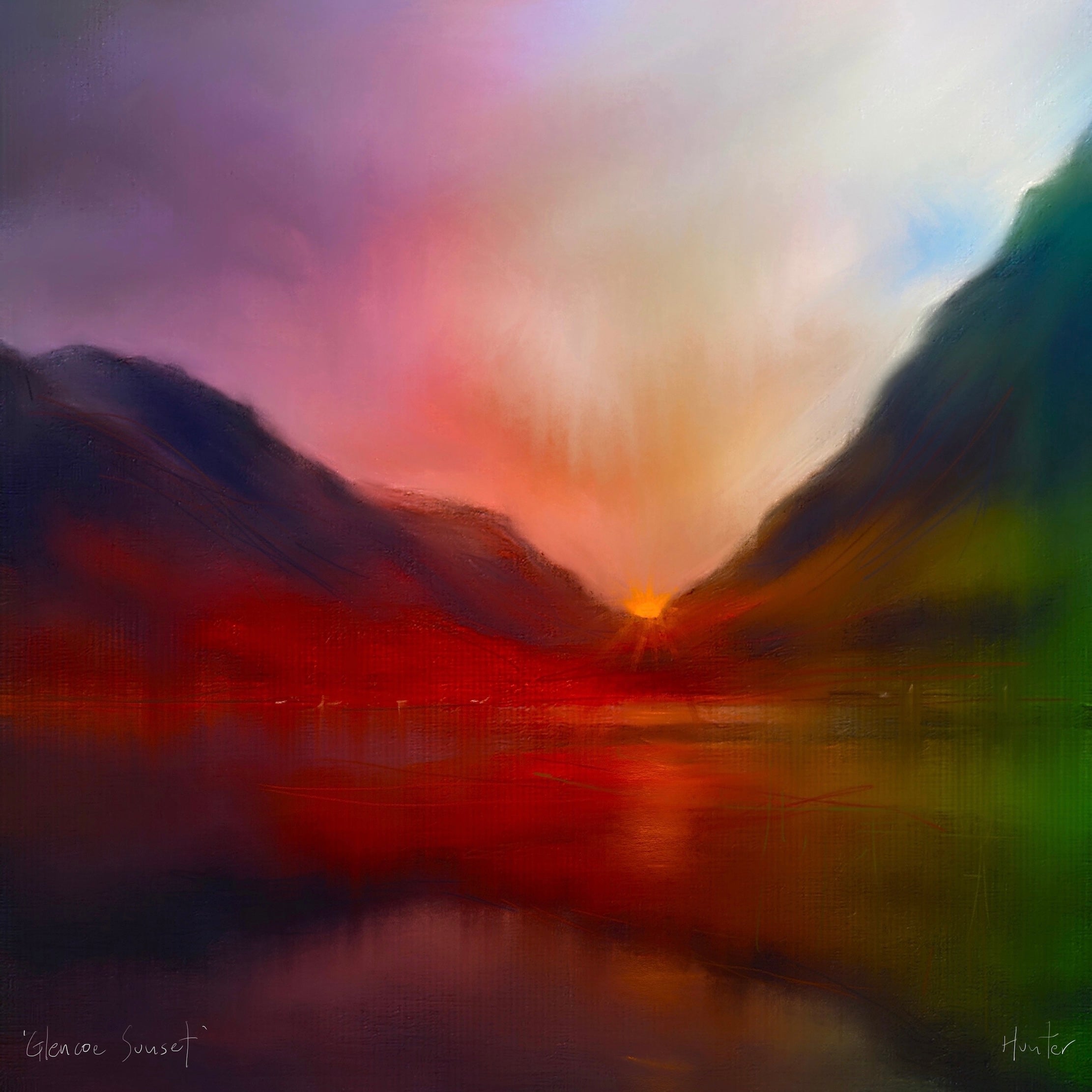 Glencoe Sunset | Scotland In Your Pocket Art Print-Scotland In Your Pocket Framed Prints-Glencoe Art Gallery-Mounted & Cello Bag: 12.5x12.5 cm-Black Frame-Paintings, Prints, Homeware, Art Gifts From Scotland By Scottish Artist Kevin Hunter