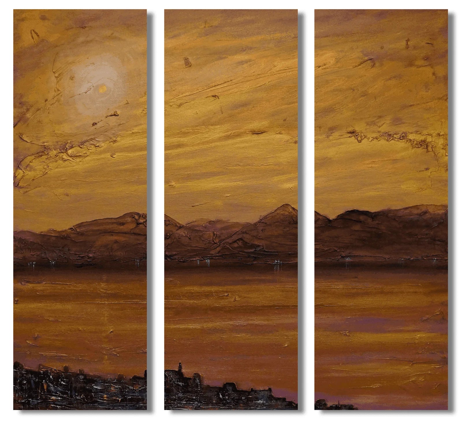 Gourock Autumn Dusk Triptych | Statement Interior Wall Art from Scotland - River Clyde Gallery Worldwide Shipping Triptych Painting