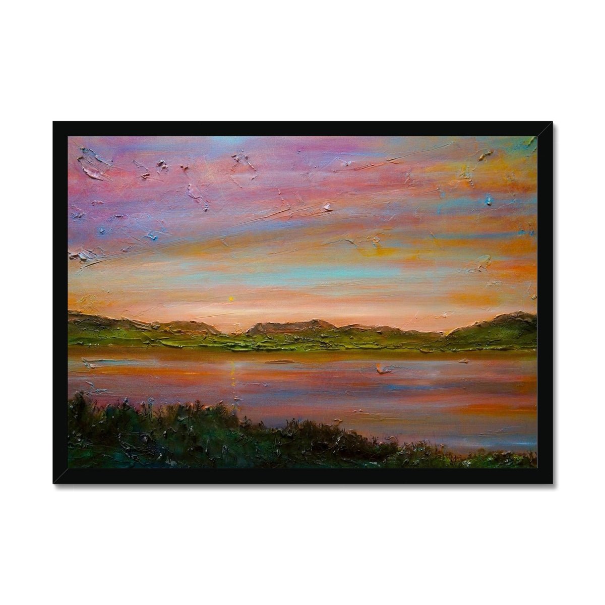 Gourock Golf Club Sunset Painting | Framed Prints From Scotland-Framed Prints-River Clyde Art Gallery-A2 Landscape-Black Frame-Paintings, Prints, Homeware, Art Gifts From Scotland By Scottish Artist Kevin Hunter