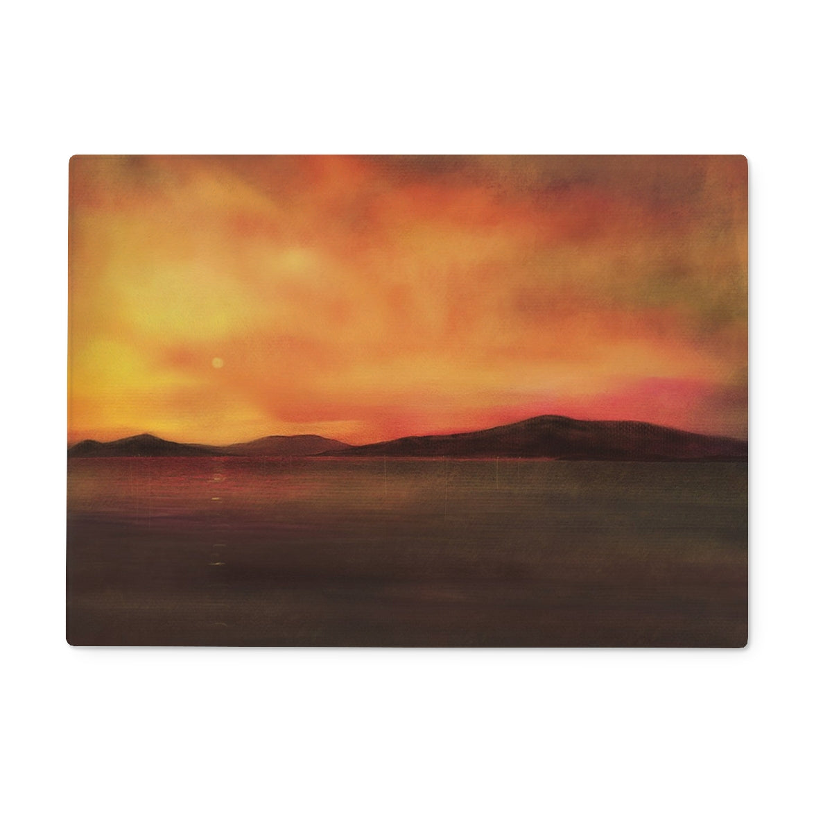 Harris Sunset Art Gifts Glass Chopping Board | Hebridean Islands Art Gallery | Paintings, Prints, Homeware and Art Gifts From Scotland By Scottish Artist Kevin Hunter