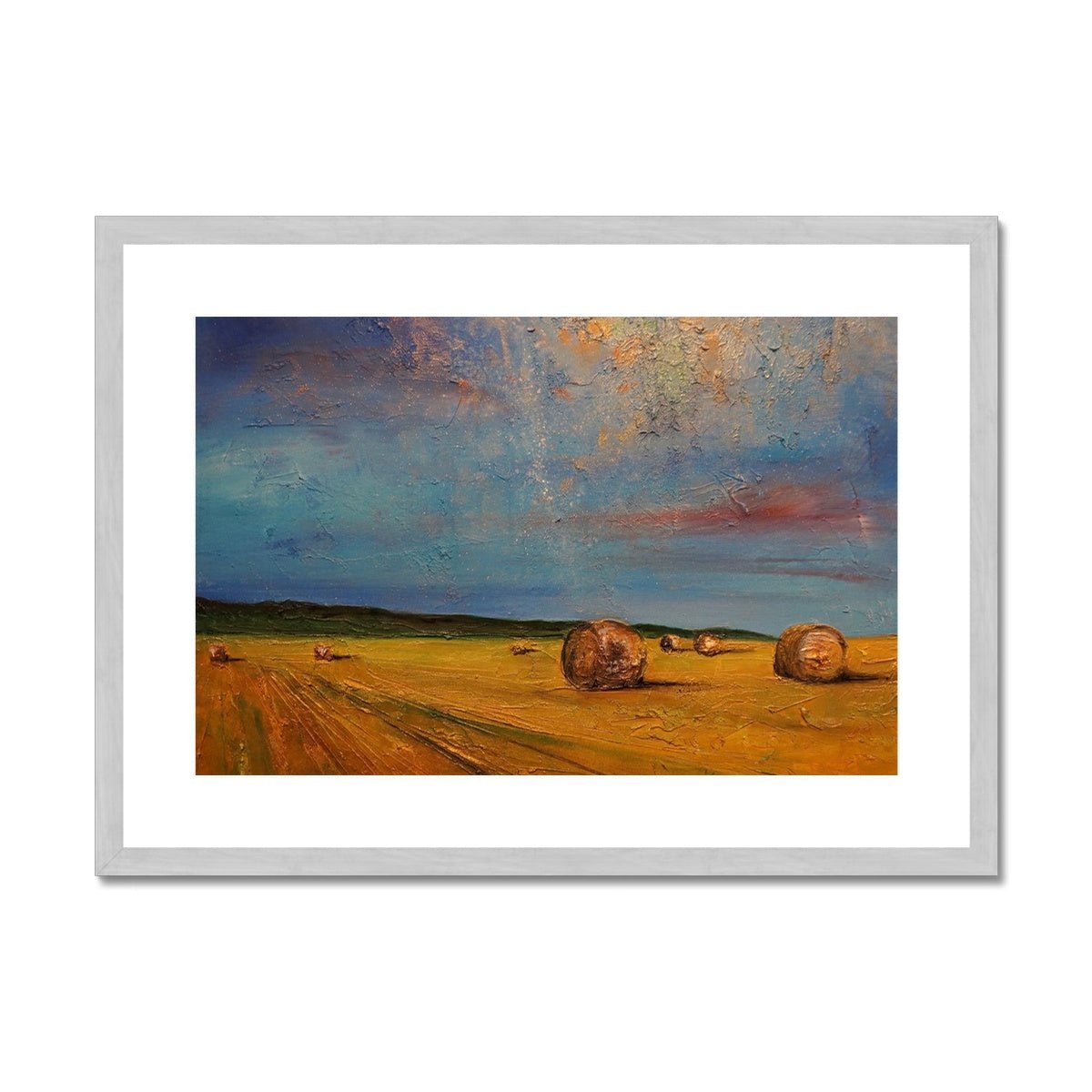 Hay Bales Painting | Antique Framed & Mounted Prints From Scotland-Antique Framed & Mounted Prints-Scottish Highlands & Lowlands Art Gallery-A2 Landscape-Silver Frame-Paintings, Prints, Homeware, Art Gifts From Scotland By Scottish Artist Kevin Hunter