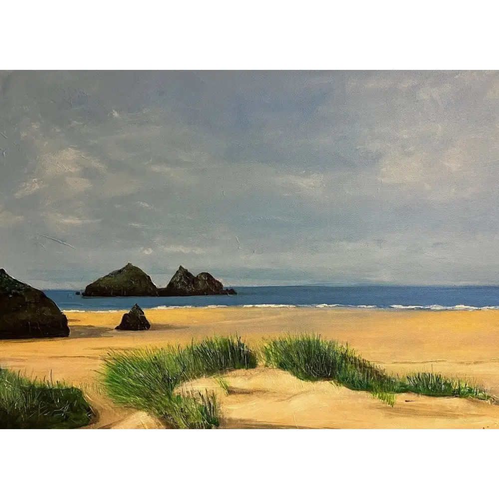 Coastal landscape painting of Holywell Beach Cornwall, perfect for Cornwall art prints