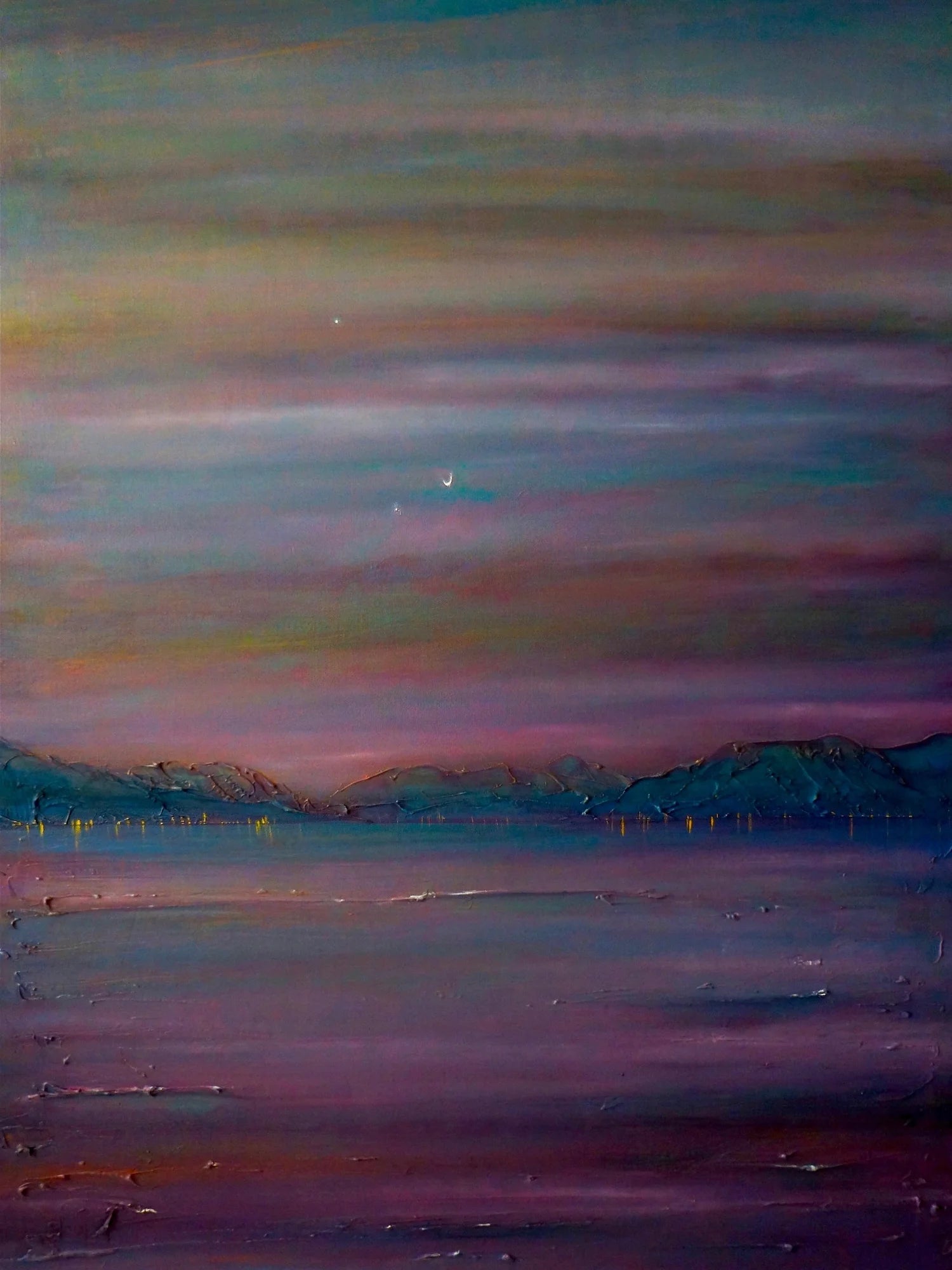 Jupiter Venus & the Moon Over River Clyde - Art Gallery Scotland Worldwide Shipping Vibrant Impressionistic Painting Kevin Hunter Portfolio