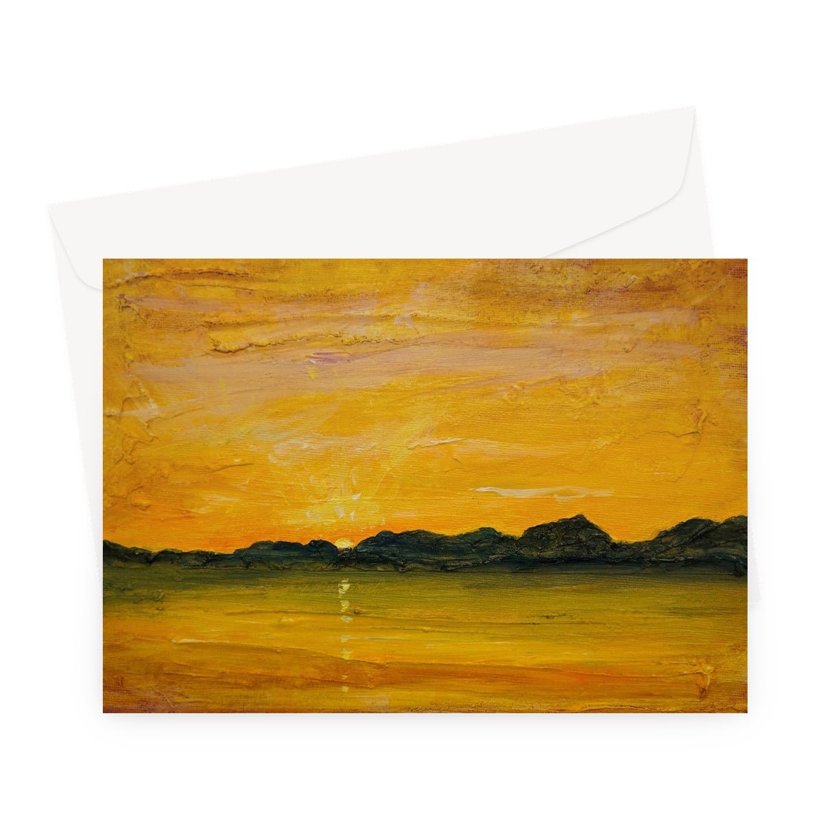 Jura Sunset Art Gifts Greeting Card-Greetings Cards-Hebridean Islands Art Gallery-A5 Landscape-10 Cards-Paintings, Prints, Homeware, Art Gifts From Scotland By Scottish Artist Kevin Hunter