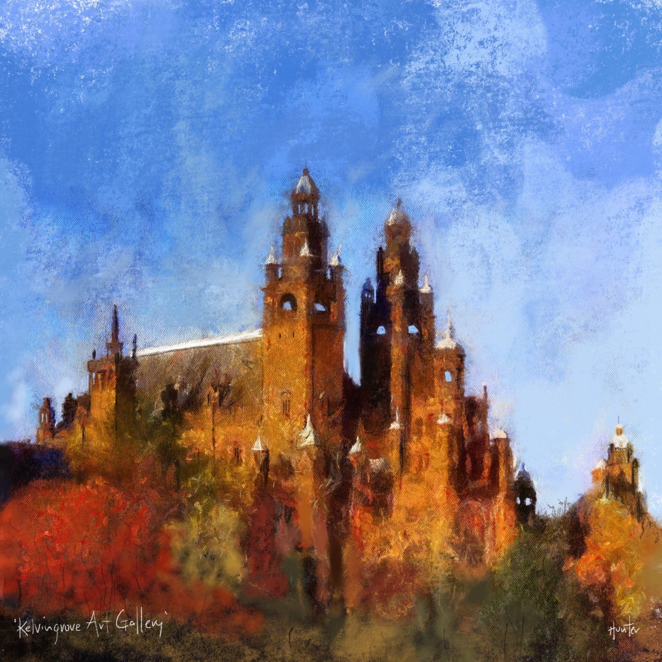 Kelvingrove Art Gallery | Scotland In Your Pocket Print-Scotland In Your Pocket Framed Prints-Edinburgh & Glasgow Art Gallery-Mounted & Cello Bag: 12.5x12.5 cm-Black Frame-Paintings, Prints, Homeware, Art Gifts From Scotland By Scottish Artist Kevin Hunter