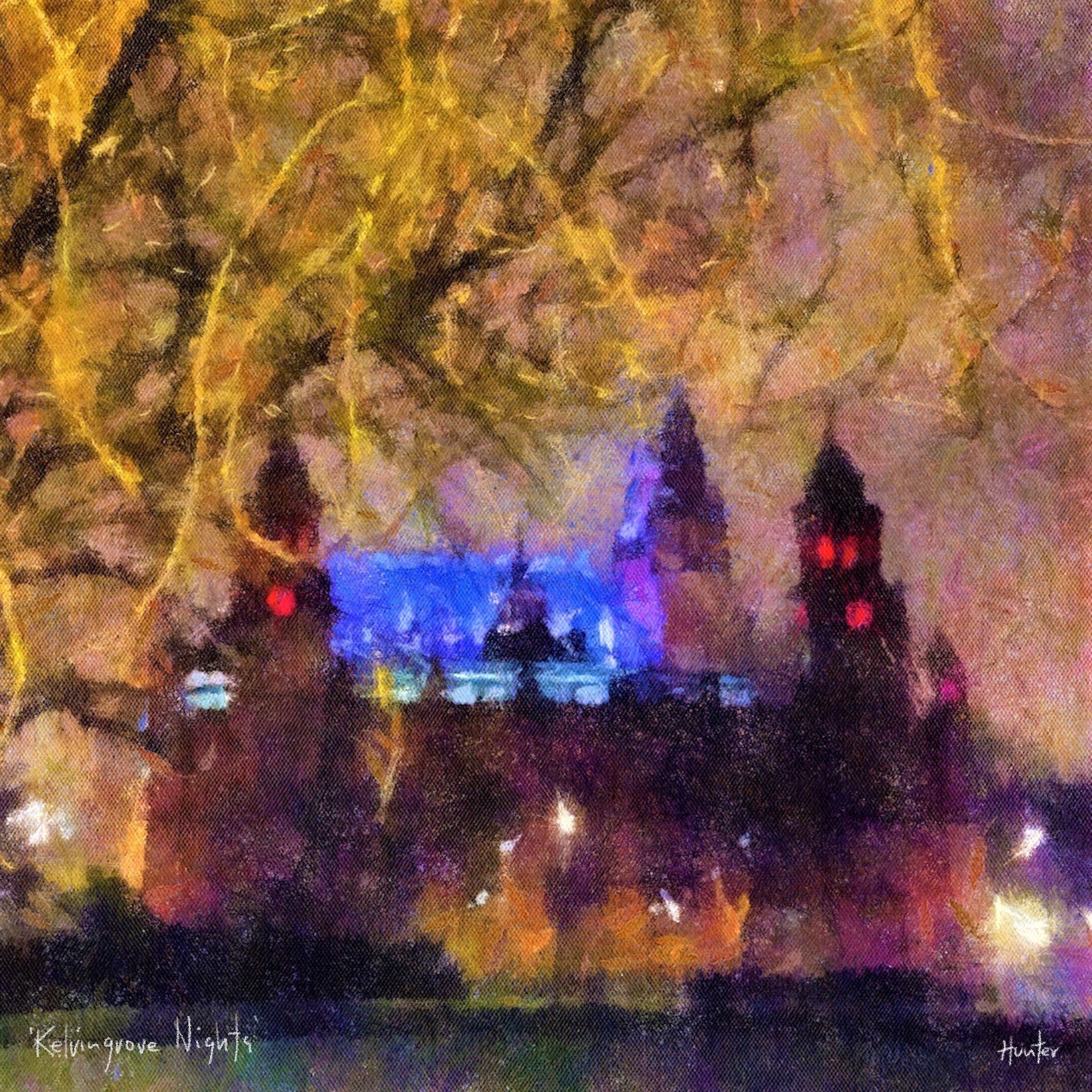 Kelvingrove Nights | Scotland In Your Pocket Art Print-Scotland In Your Pocket Framed Prints-Edinburgh & Glasgow Art Gallery-Mounted & Cello Bag: 12.5x12.5 cm-Black Frame-Paintings, Prints, Homeware, Art Gifts From Scotland By Scottish Artist Kevin Hunter