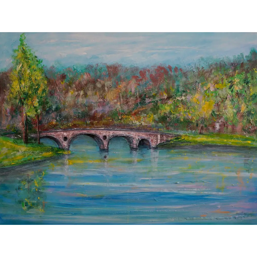 Oil painting of Kenmore Bridge over water, perfect for Scottish artist bridge art prints