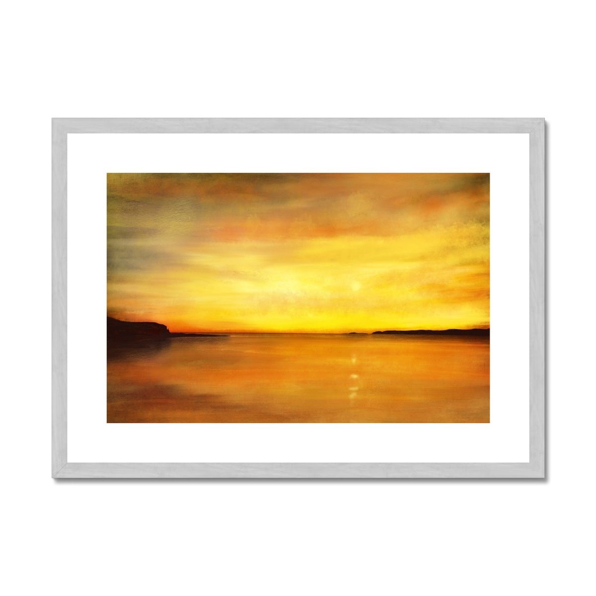 King's Cave Sunset Arran Painting | Antique Framed & Mounted Prints From Scotland-Antique Framed & Mounted Prints-Arran Art Gallery-A2 Landscape-Silver Frame-Paintings, Prints, Homeware, Art Gifts From Scotland By Scottish Artist Kevin Hunter