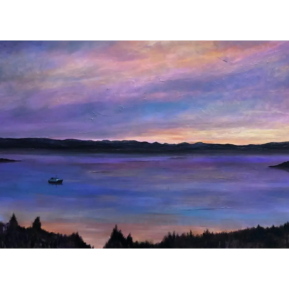 Purple sunset over water in Lamlash Dusk Arran art print, a stunning dusk Arran art scene