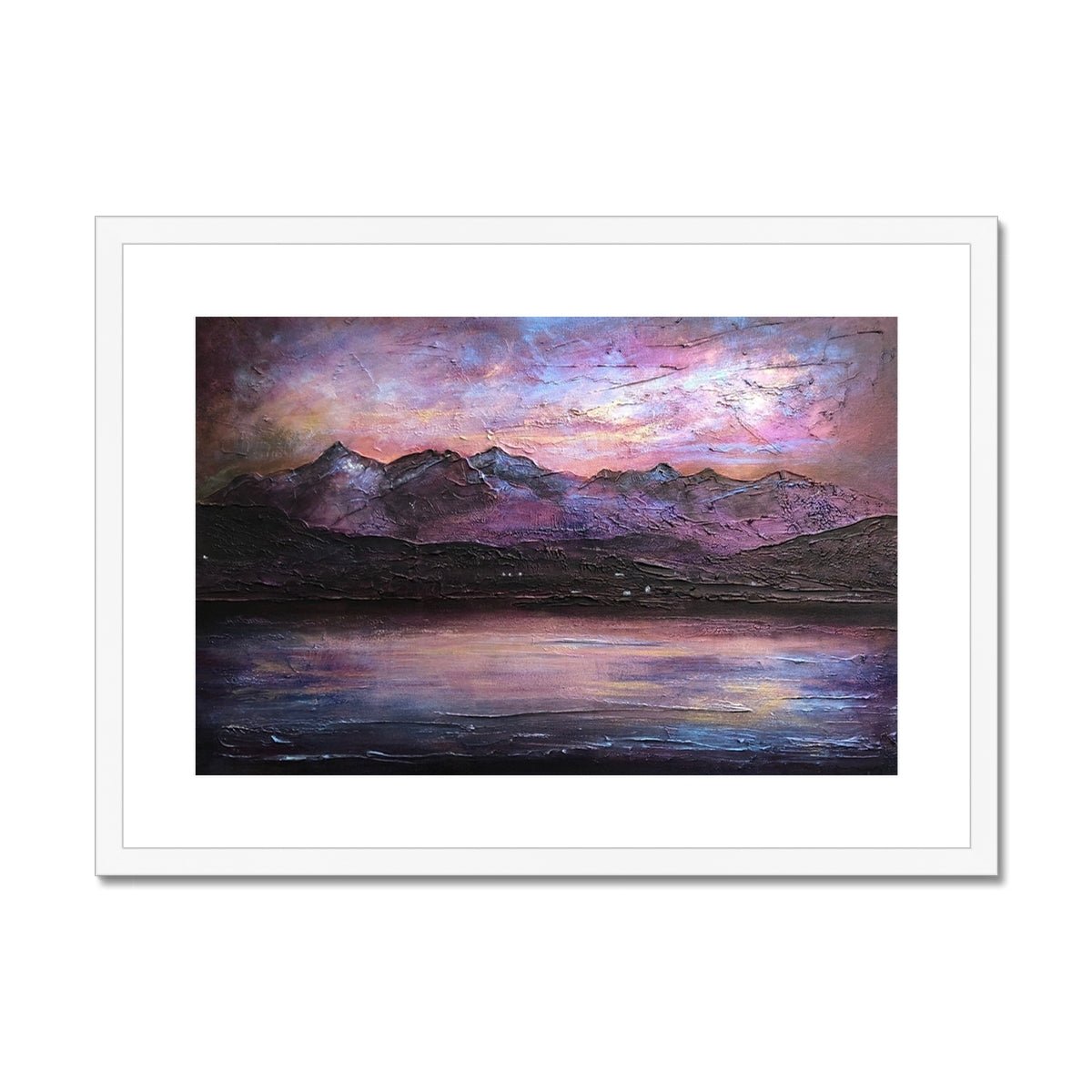 Last Skye Light Painting | Framed & Mounted Prints From Scotland-Framed & Mounted Prints-Skye Art Gallery-A2 Landscape-White Frame-Paintings, Prints, Homeware, Art Gifts From Scotland By Scottish Artist Kevin Hunter