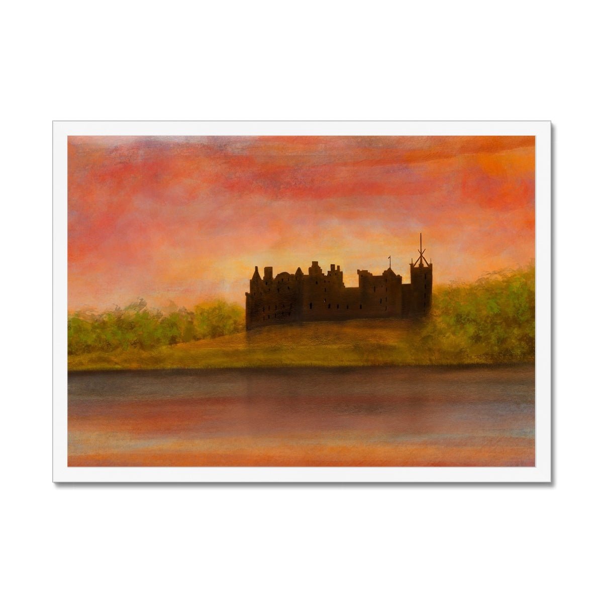Linlithgow Palace Dusk Painting | Framed Prints From Scotland-Framed Prints-Historic & Iconic Scotland Art Gallery-A2 Landscape-White Frame-Paintings, Prints, Homeware, Art Gifts From Scotland By Scottish Artist Kevin Hunter