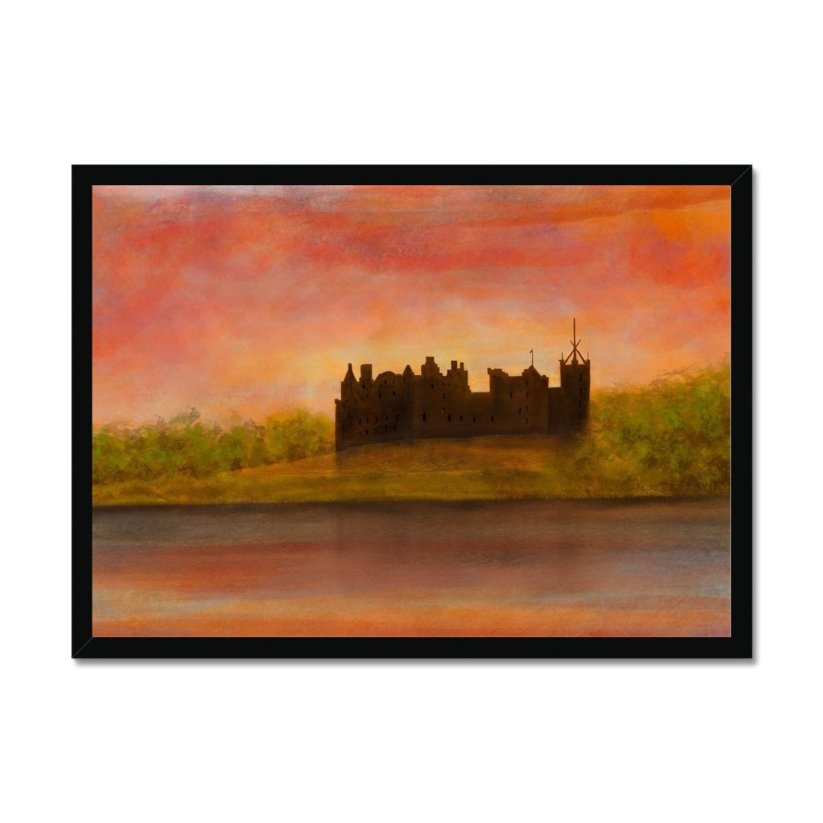 Linlithgow Palace Dusk Painting | Framed Prints From Scotland-Framed Prints-Historic & Iconic Scotland Art Gallery-A2 Landscape-Black Frame-Paintings, Prints, Homeware, Art Gifts From Scotland By Scottish Artist Kevin Hunter