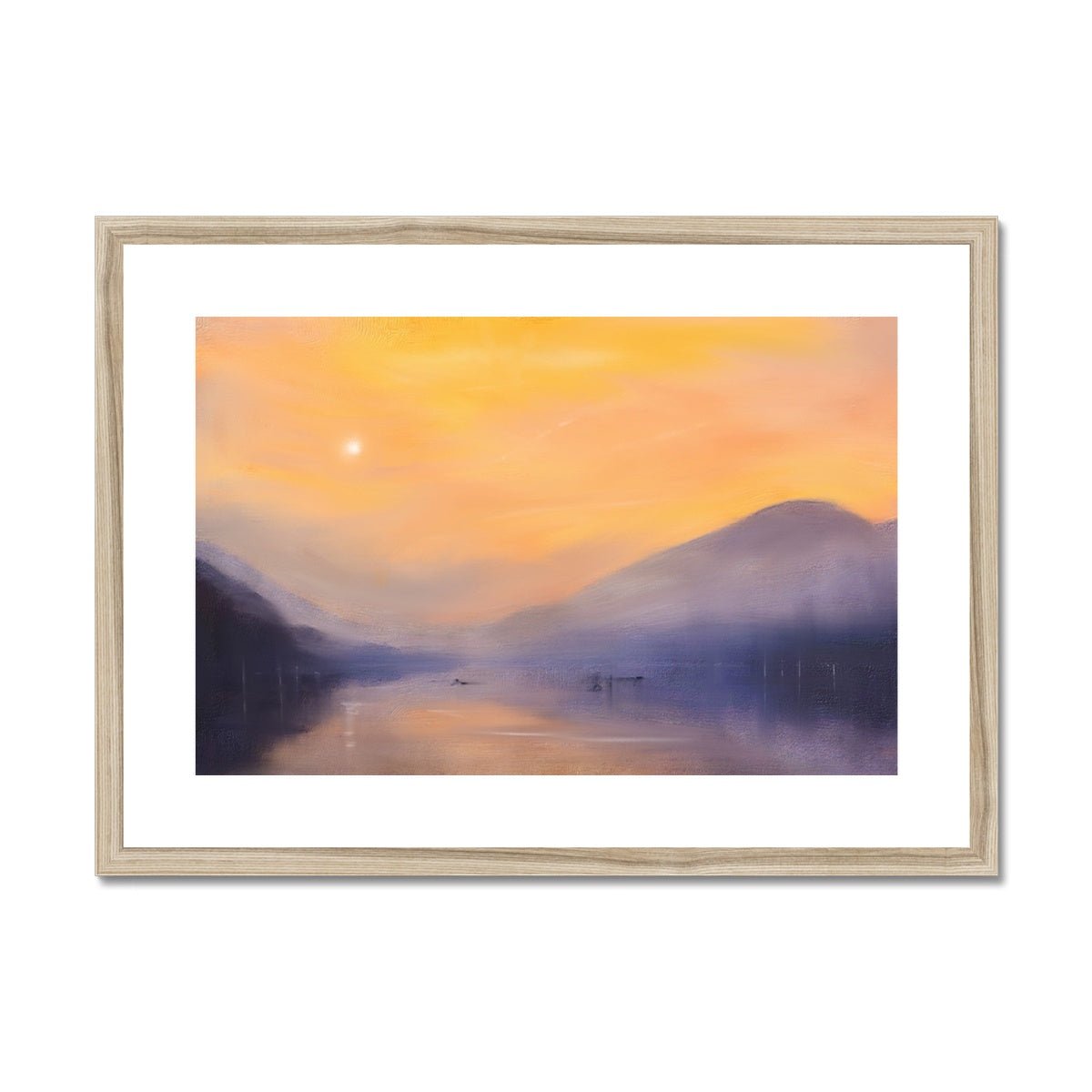 Loch Eck Dusk Painting | Framed & Mounted Prints From Scotland-Framed & Mounted Prints-Scottish Lochs & Mountains Art Gallery-A2 Landscape-Natural Frame-Paintings, Prints, Homeware, Art Gifts From Scotland By Scottish Artist Kevin Hunter