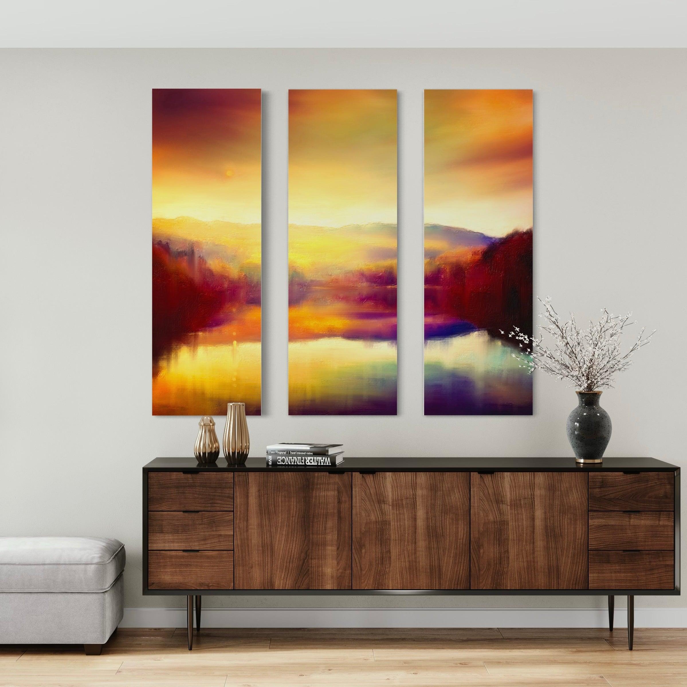 Loch Faskally Dusk Painting Signed Fine Art Triptych Canvas