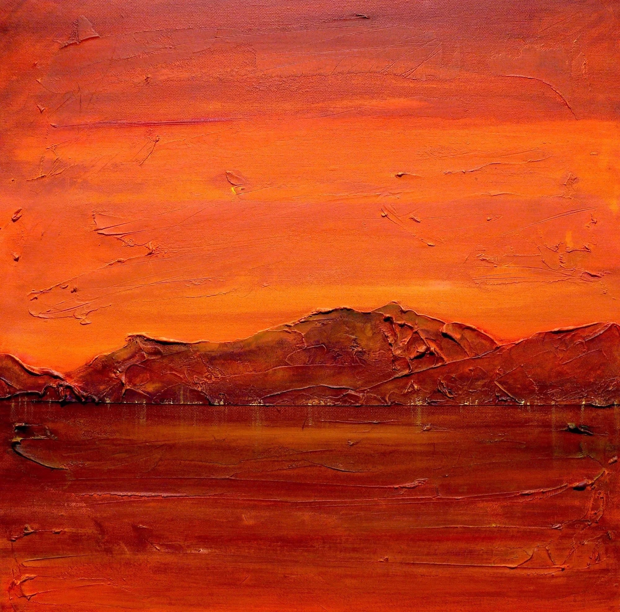 Loch Fyne Dusk - Lochs & Mountains Art Gallery Scotland Worldwide Shipping Vibrant Orange Red Scottish and Paintings Prints by Artist