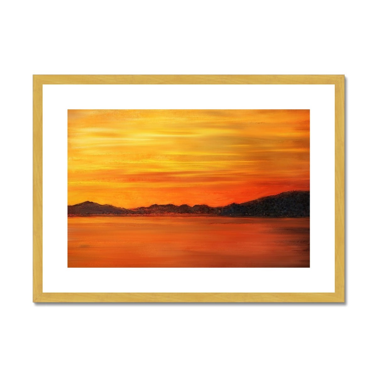 Loch Fyne Sunset Painting | Antique Framed & Mounted Prints From Scotland-Antique Framed & Mounted Prints-Scottish Lochs & Mountains Art Gallery-A2 Landscape-Gold Frame-Paintings, Prints, Homeware, Art Gifts From Scotland By Scottish Artist Kevin Hunter