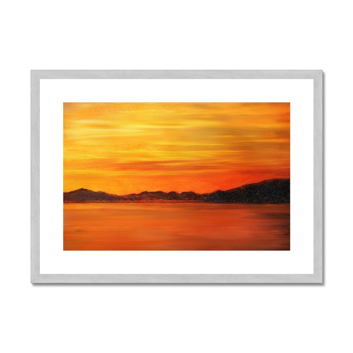 Loch Fyne Sunset Painting | Antique Framed & Mounted Prints From Scotland-Antique Framed & Mounted Prints-Scottish Lochs & Mountains Art Gallery-A2 Landscape-Silver Frame-Paintings, Prints, Homeware, Art Gifts From Scotland By Scottish Artist Kevin Hunter