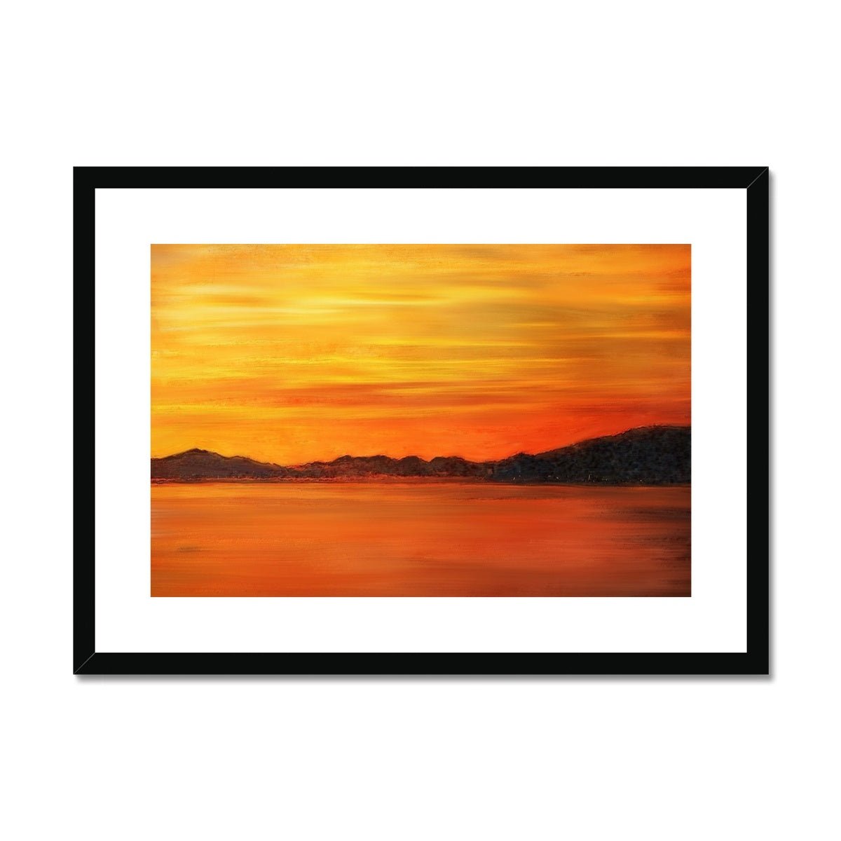 Loch Fyne Sunset Painting | Framed & Mounted Prints From Scotland-Framed & Mounted Prints-Scottish Lochs & Mountains Art Gallery-A2 Landscape-Black Frame-Paintings, Prints, Homeware, Art Gifts From Scotland By Scottish Artist Kevin Hunter