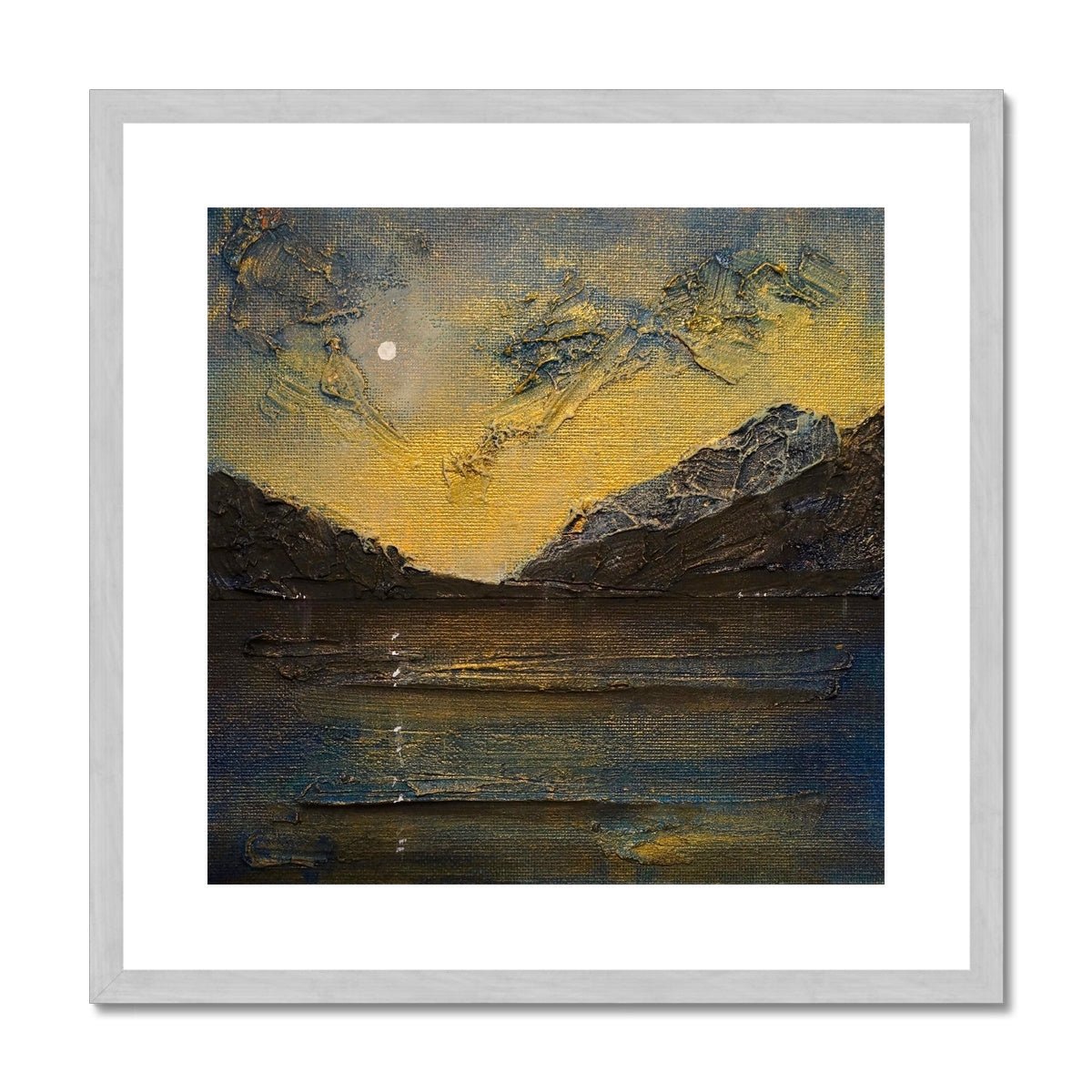 Loch Lomond Moonlight Painting | Antique Framed & Mounted Prints From Scotland-Antique Framed & Mounted Prints-Scottish Lochs & Mountains Art Gallery-20"x20"-Silver Frame-Paintings, Prints, Homeware, Art Gifts From Scotland By Scottish Artist Kevin Hunter