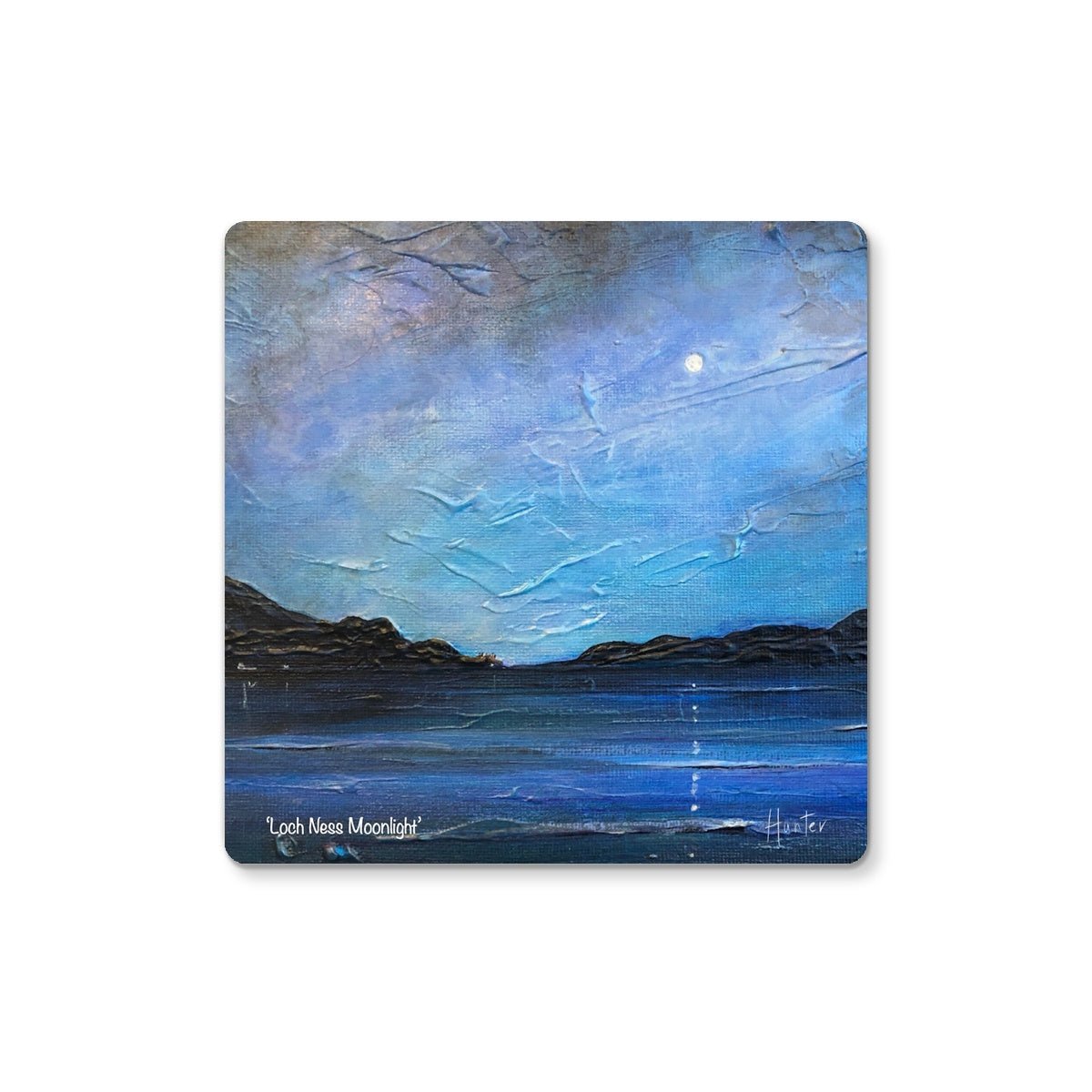 Loch Ness Moonlight Art Gifts Coaster-Coasters-Scottish Lochs & Mountains Art Gallery-4 Coasters-Paintings, Prints, Homeware, Art Gifts From Scotland By Scottish Artist Kevin Hunter