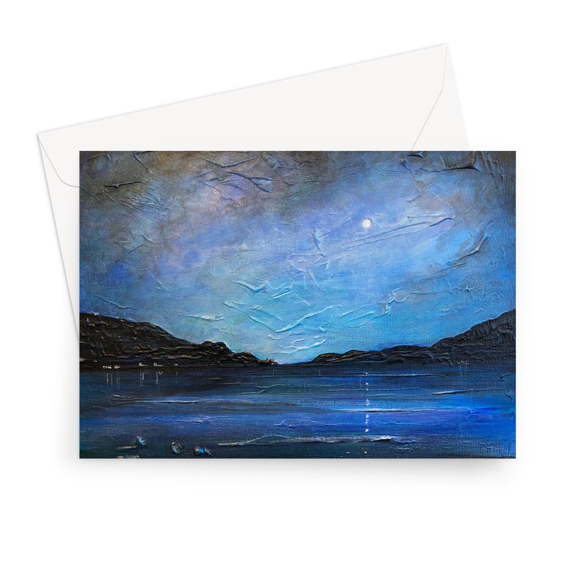 Loch Ness Moonlight Art Gifts Greeting Card-Greetings Cards-Scottish Lochs & Mountains Art Gallery-7"x5"-1 Card-Paintings, Prints, Homeware, Art Gifts From Scotland By Scottish Artist Kevin Hunter