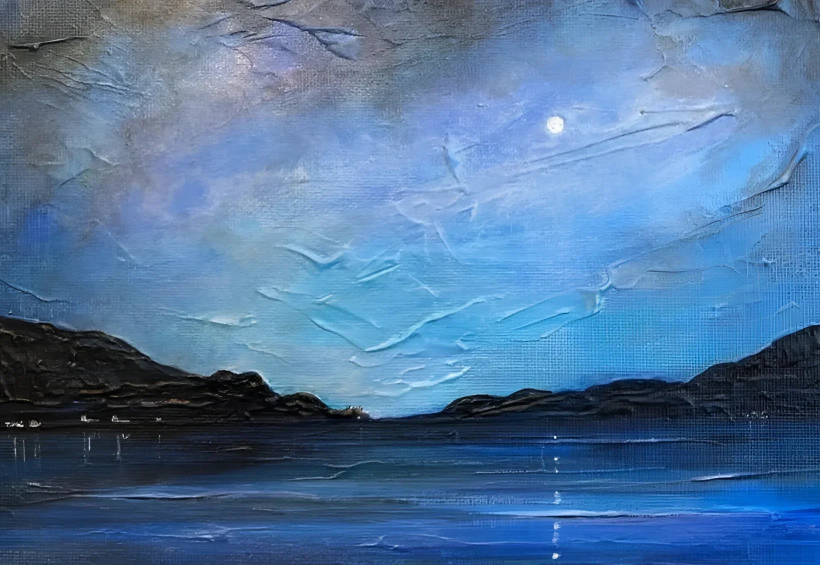 Loch Ness Moonlight - Lochs & Mountains Art Gallery Scotland Worldwide Shipping Textured Blue Landscape Kevin Hunter Portfolio Giclee Prints