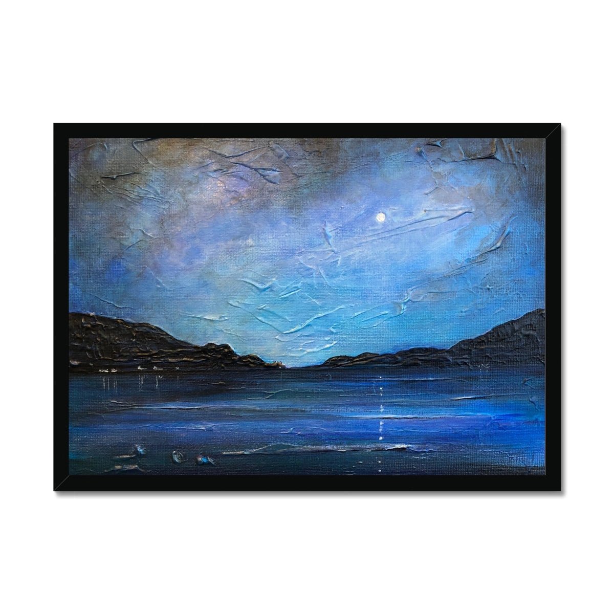Loch Ness Moonlight Painting | Framed Prints From Scotland-Framed Prints-Scottish Lochs & Mountains Art Gallery-A2 Landscape-Black Frame-Paintings, Prints, Homeware, Art Gifts From Scotland By Scottish Artist Kevin Hunter