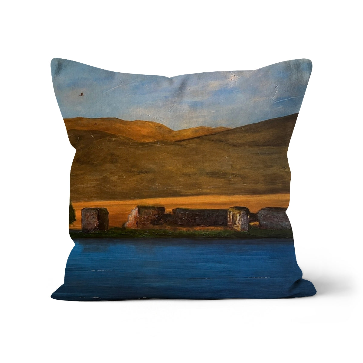 Lochindorb Castle Art Gifts Cushion | Scottish Lochs &amp; Mountains Art Gallery | Paintings, Prints, Homeware and Art Gifts From Scotland By Scottish Artist Kevin Hunter