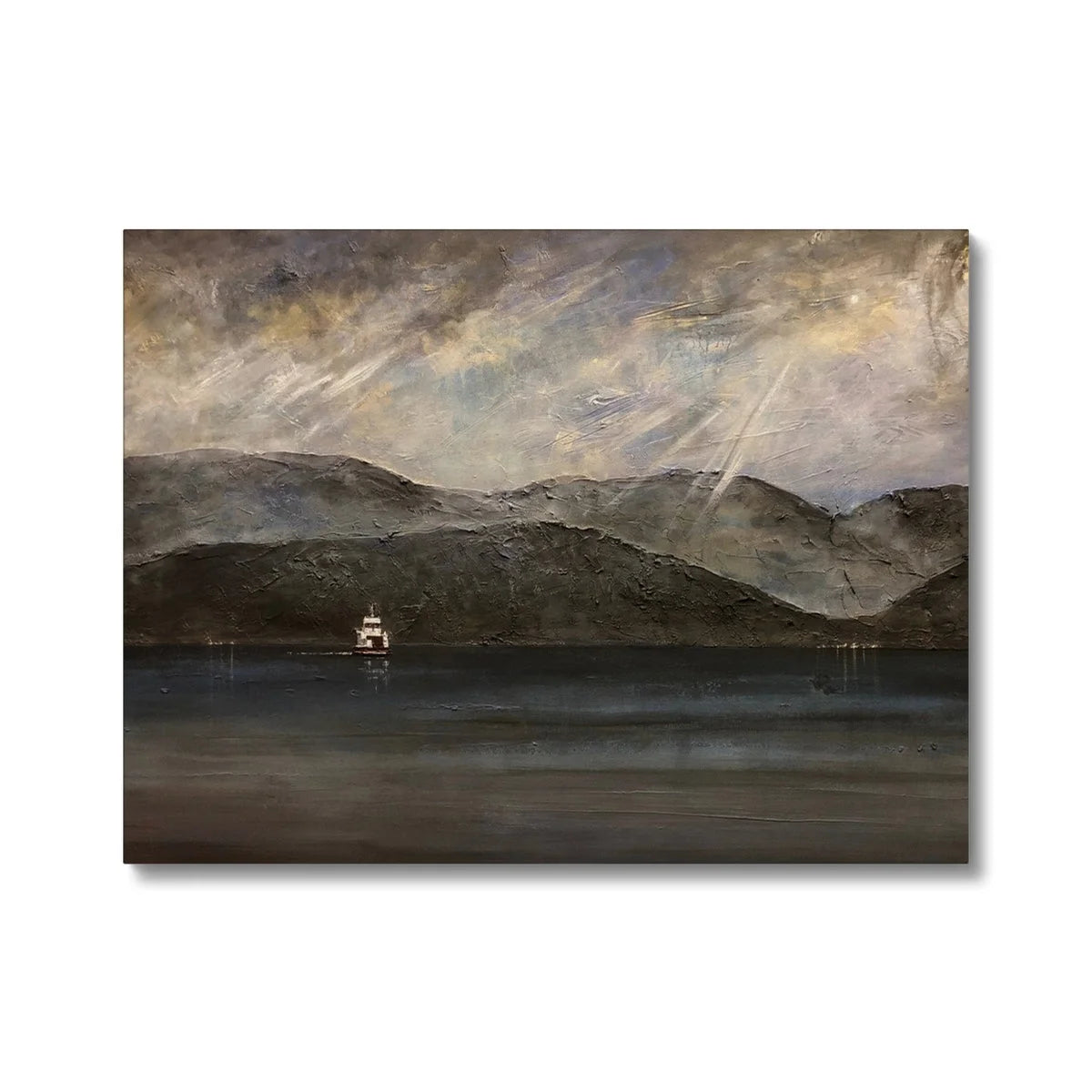 Lochranza Ferry Moonlight Original Landscape Painting on Canvas - Arran Art Gallery Scotland Worldwide Shipping Scottish by Artist Hunter