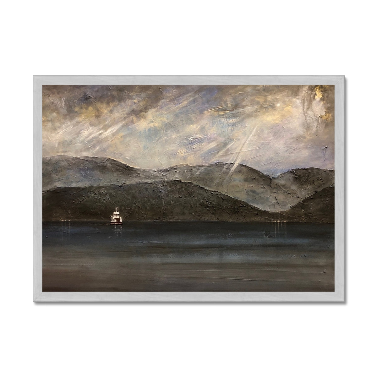 Lochranza Moonlit Ferry Antique Framed Print.