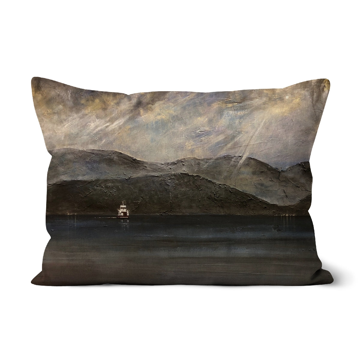 Lochranza Moonlit Ferry Arran Art Gifts Cushion | Arran Art Gallery | Paintings, Prints, Homeware and Art Gifts From Scotland By Scottish Artist Kevin Hunter