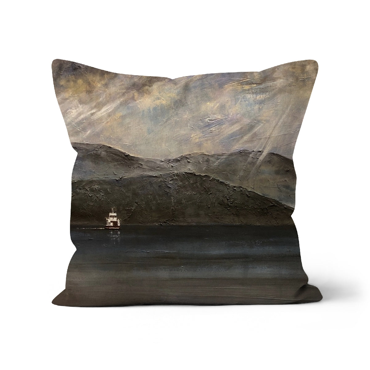 Lochranza Moonlit Ferry Arran Art Gifts Cushion | Arran Art Gallery | Paintings, Prints, Homeware and Art Gifts From Scotland By Scottish Artist Kevin Hunter