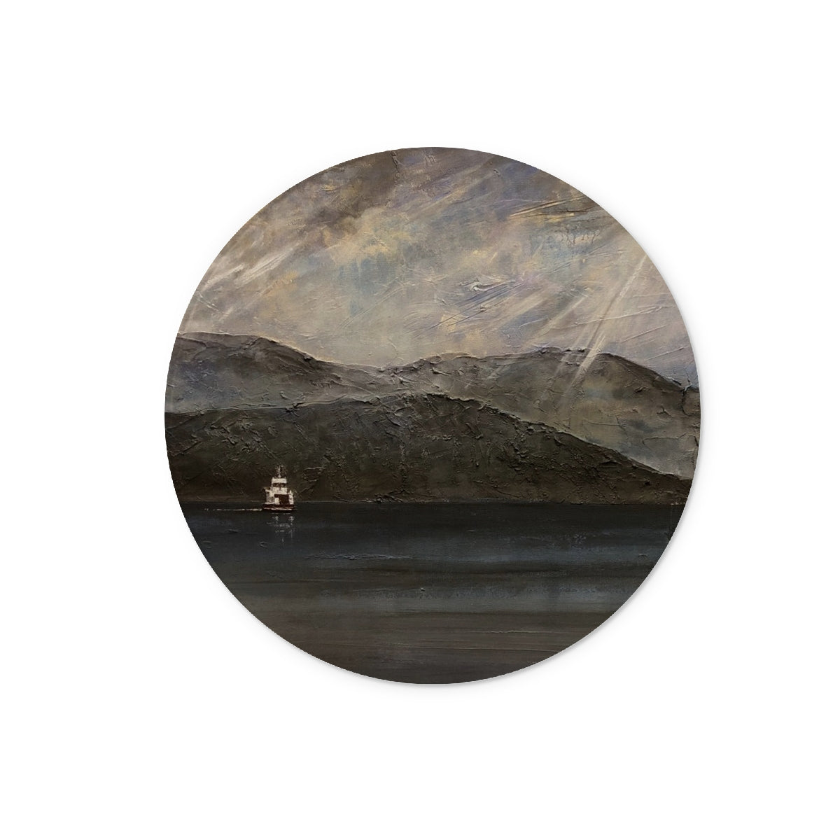 Lochranza Moonlit Ferry Arran Art Gifts Glass Chopping Board | Arran Art Gallery | Paintings, Prints, Homeware and Art Gifts From Scotland By Scottish Artist Kevin Hunter