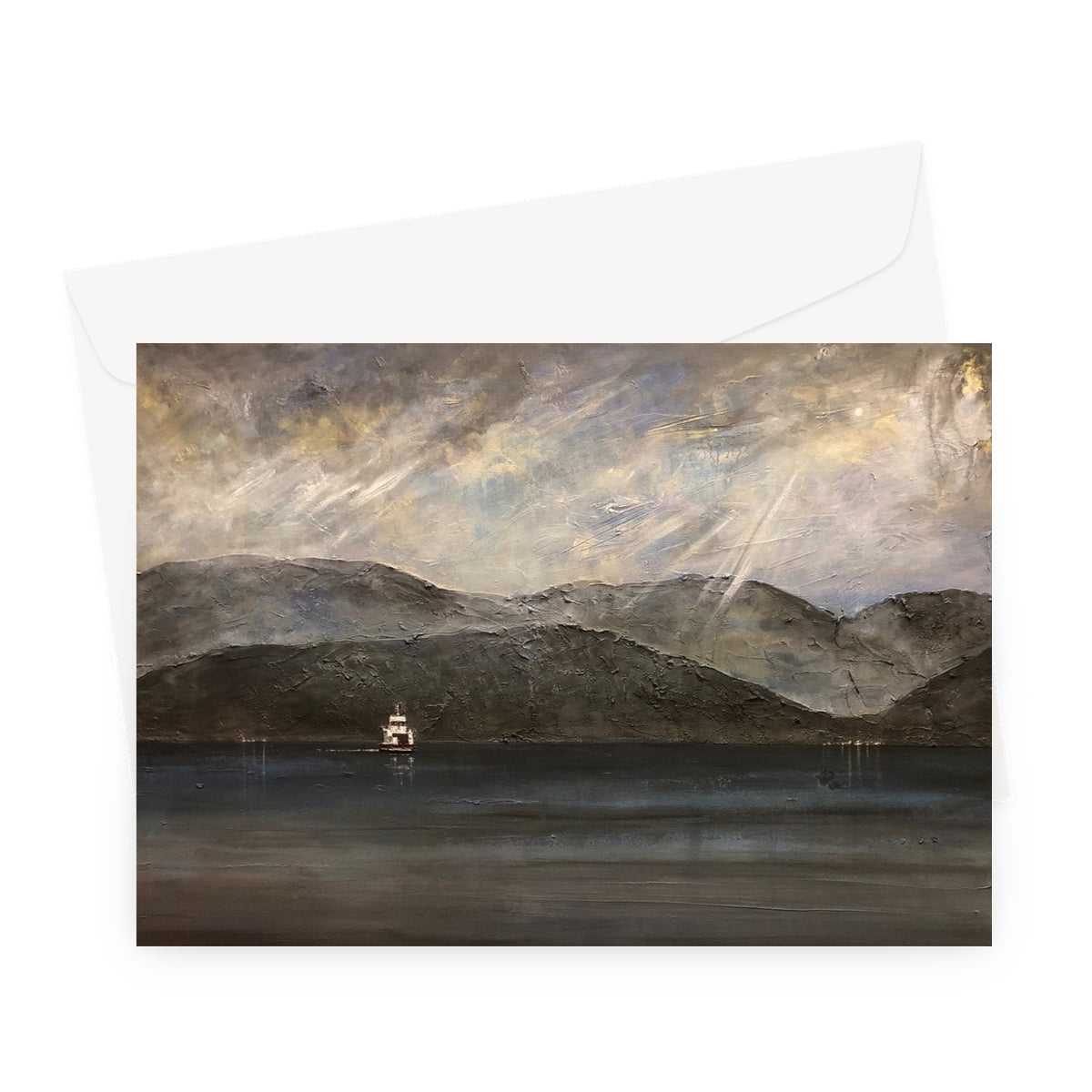 Lochranza Moonlit Ferry Arran Scottish Art Gifts Greeting Card | Arran Art Gallery | Paintings, Prints, Homeware and Art Gifts From Scotland By Scottish Artist Kevin Hunter