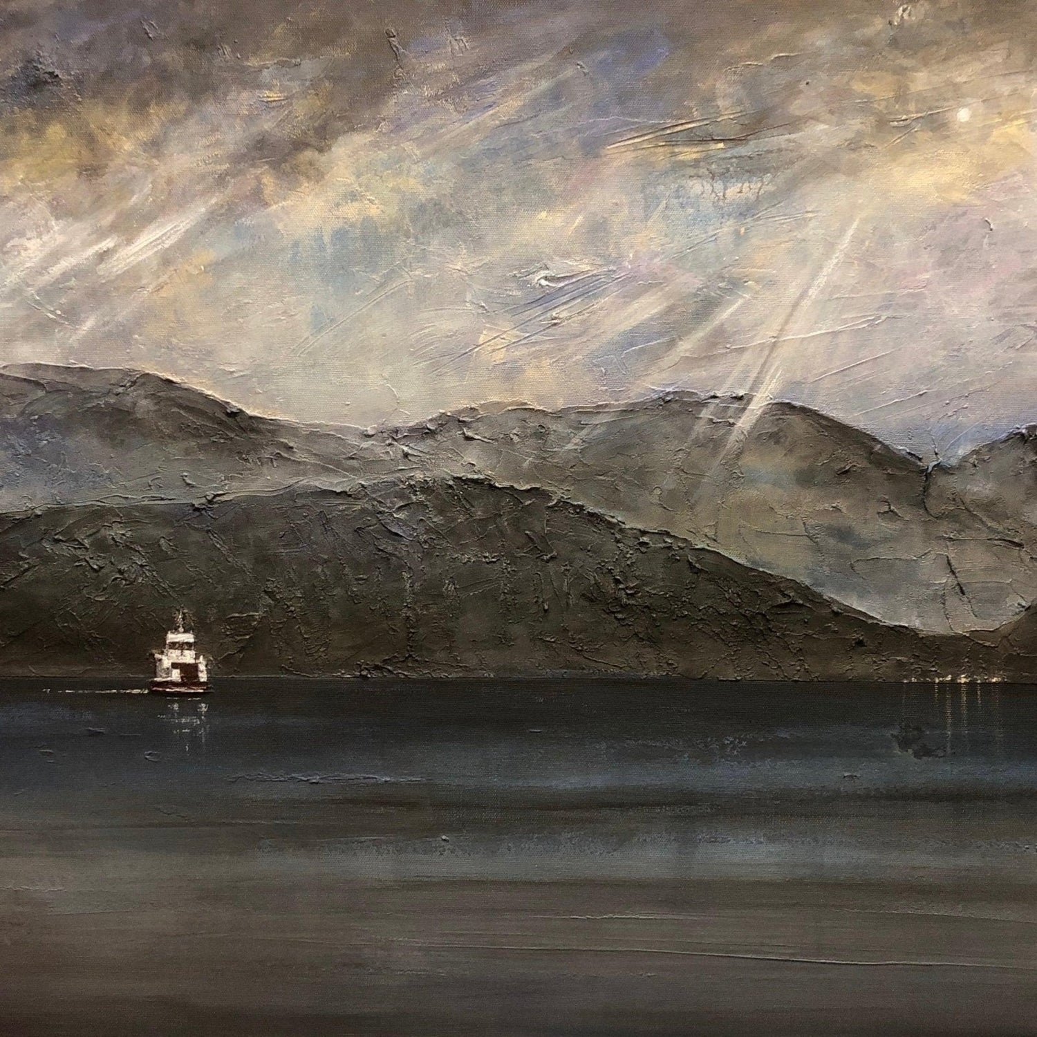 Lochranza Moonlit Ferry Arran Wooden Art Block