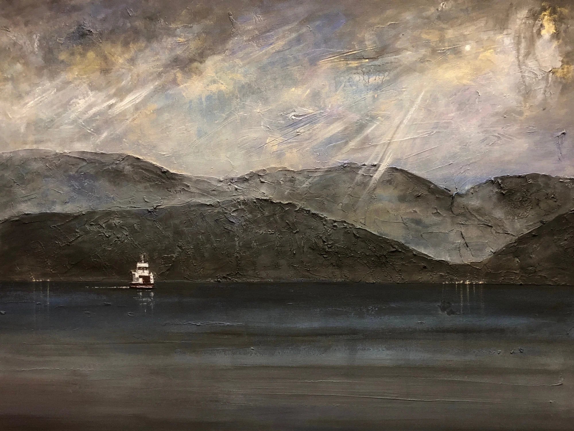 Lochranza Moonlit Ferry - Arran Art Gallery Scotland Worldwide Shipping Impressionistic Seascape Painting Kevin Hunter Portfolio Giclee