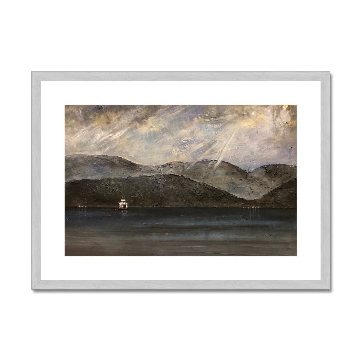 Lochranza Moonlit Ferry Painting | Antique Framed & Mounted Prints From Scotland-Antique Framed & Mounted Prints-Arran Art Gallery-A2 Landscape-Silver Frame-Paintings, Prints, Homeware, Art Gifts From Scotland By Scottish Artist Kevin Hunter