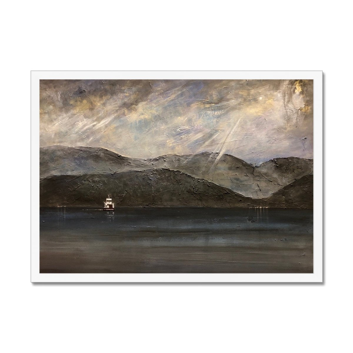 Lochranza Moonlit Ferry Painting | Framed Prints From Scotland-Framed Prints-Arran Art Gallery-A2 Landscape-White Frame-Paintings, Prints, Homeware, Art Gifts From Scotland By Scottish Artist Kevin Hunter